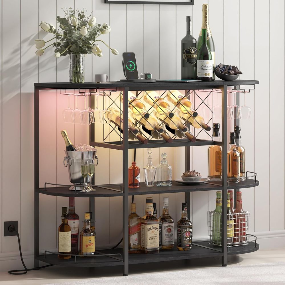 블랙 3단 커피 테이블 (와인랙, 전원 소켓, LED  - Home Bar And Kitchen 리뷰 및 가격